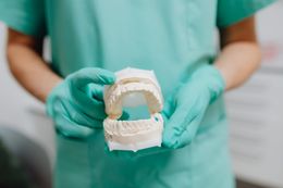 a dentist is holding a model of a person 's teeth .