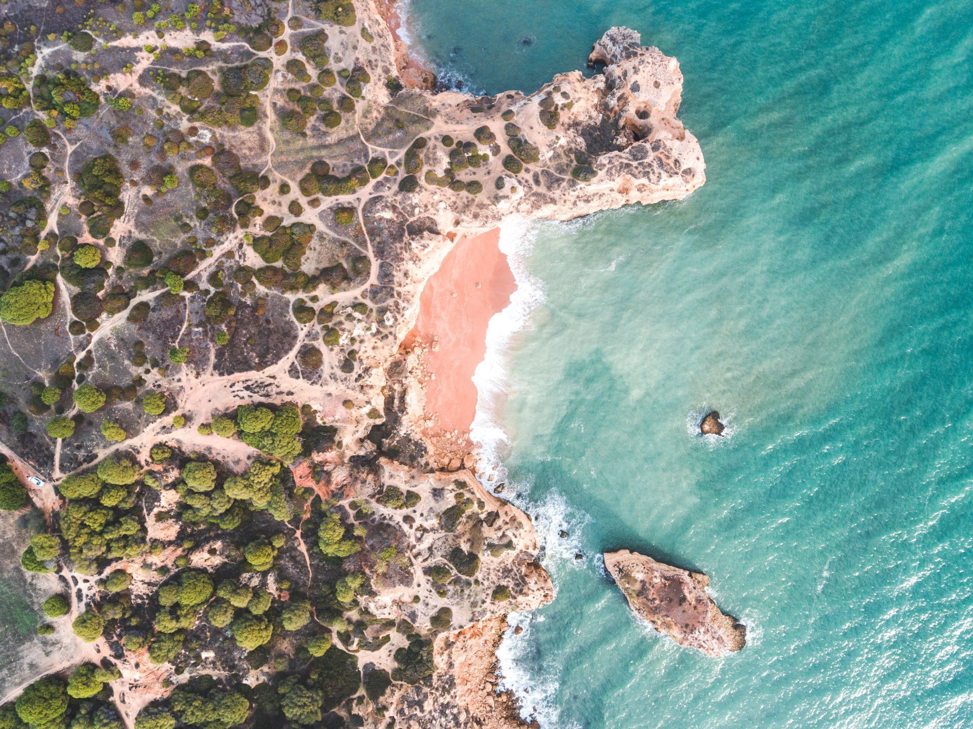 Aerial view of a beach in Algarve, Portugal.