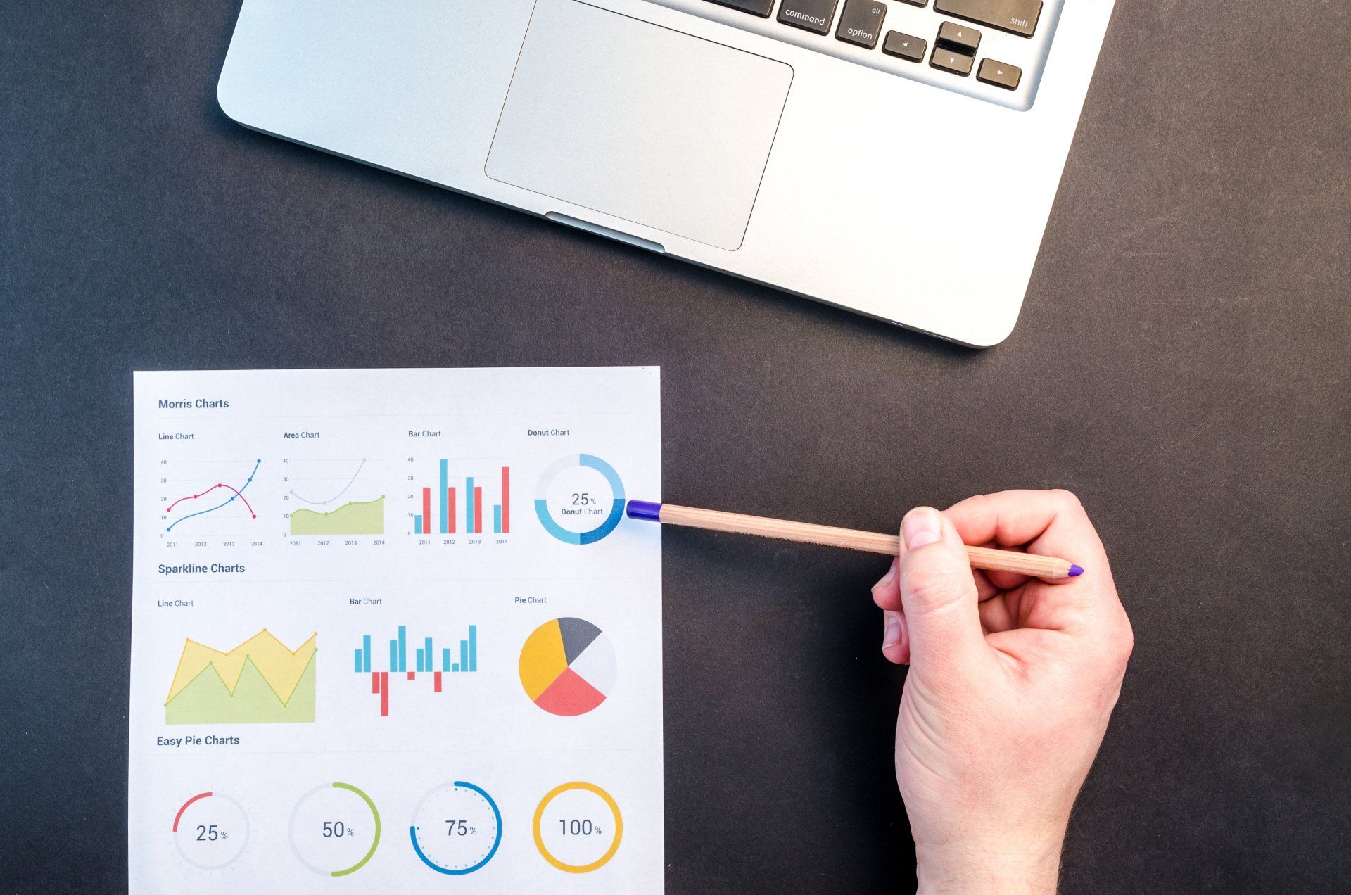 A person is pointing at a graph on a piece of paper with a pencil.