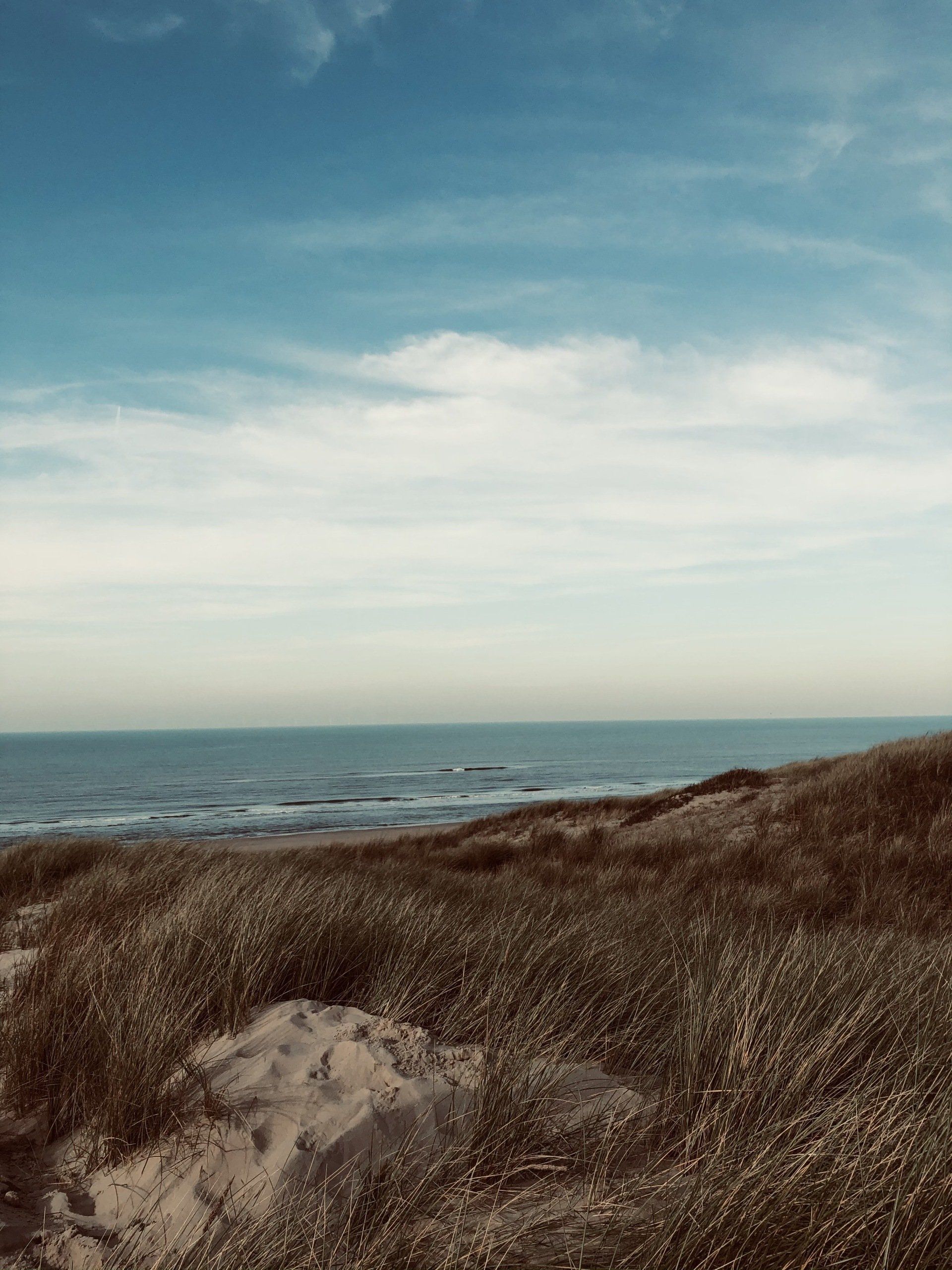 Zandduinen met bruin gras, die overgaan in een oceaan onder een blauwe, bewolkte hemel.