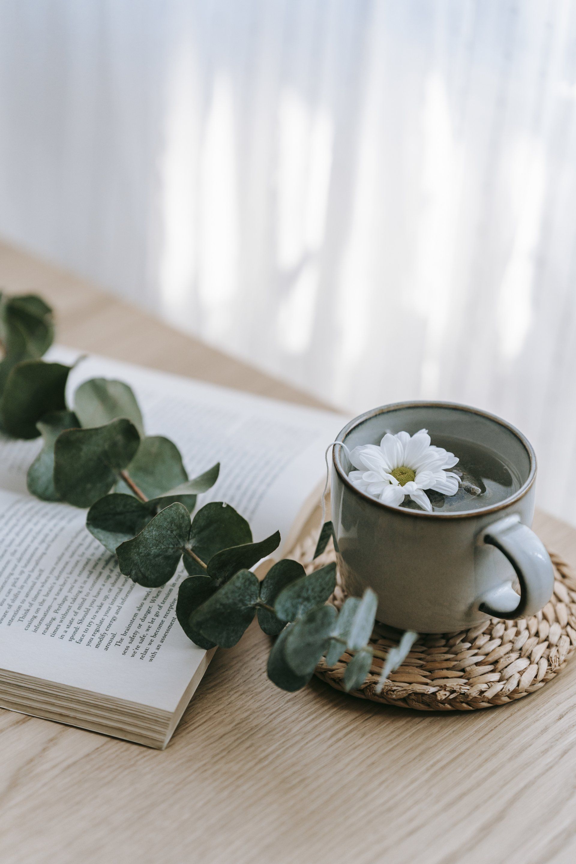 Mug and journal on desktop representing a return to peaceful life after trauma therapy in California
