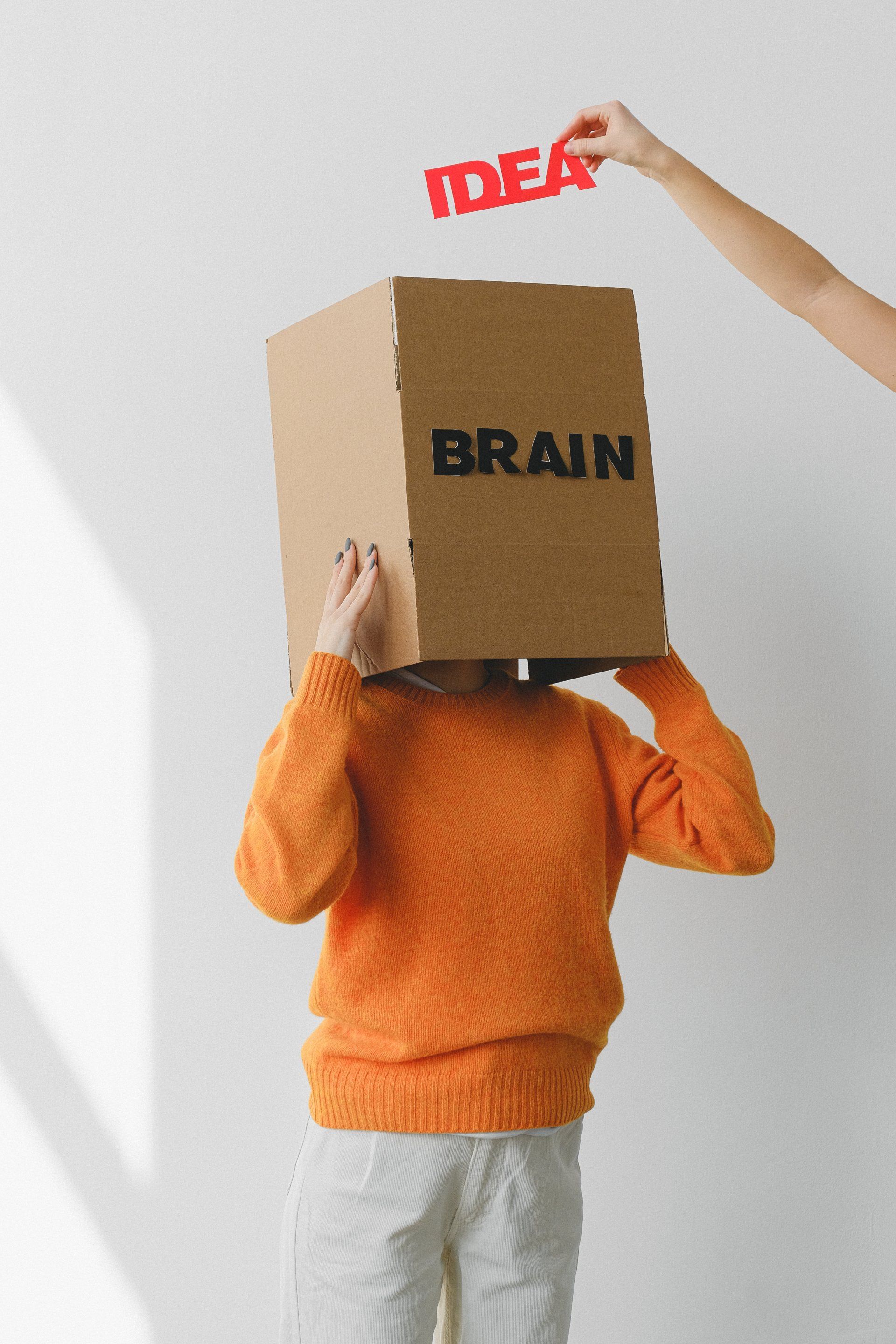A person is holding a cardboard box on their head with the word brain written on it.