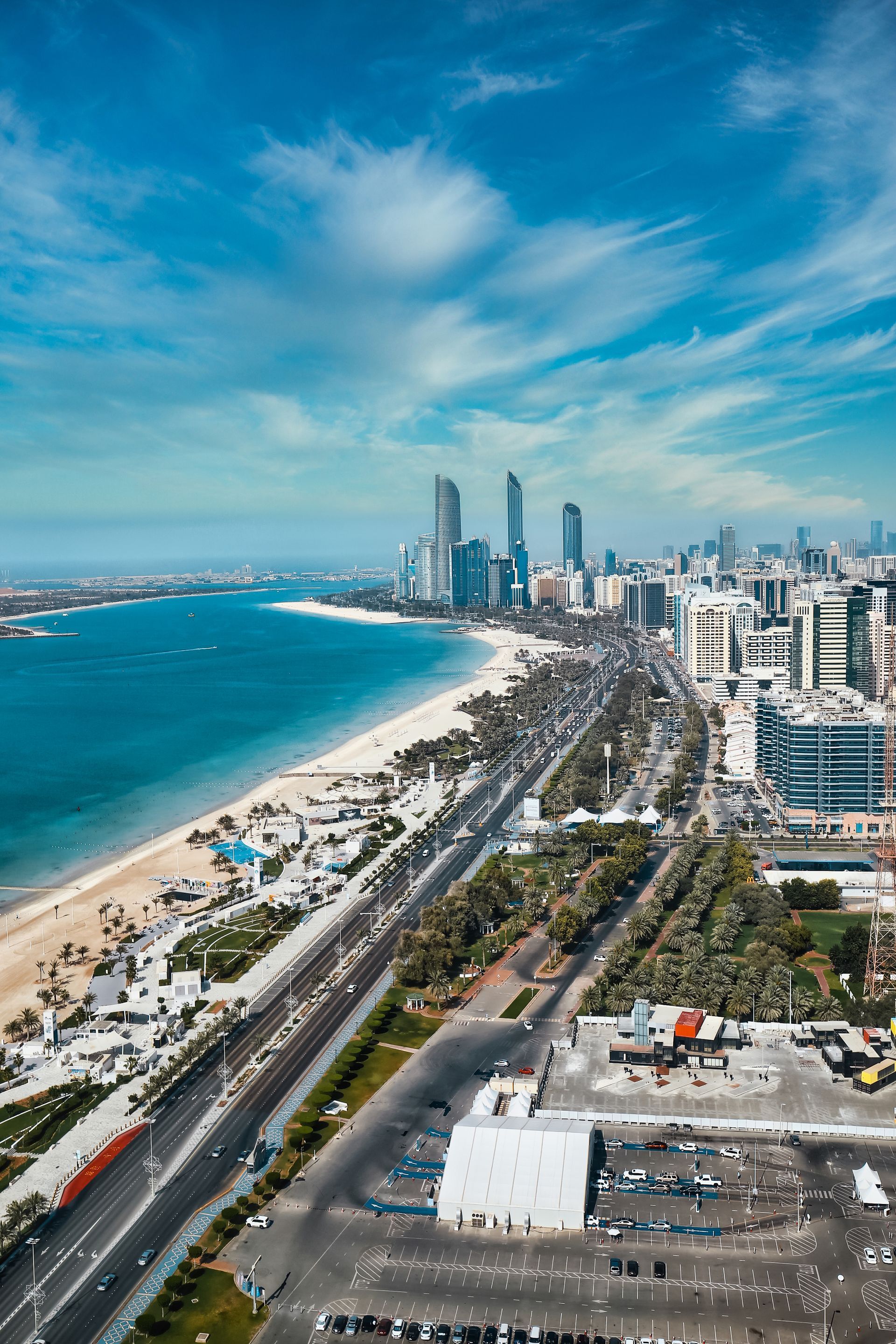 Aerial view of Corniche Beach in Abu Dhabi, United Arab Emirates.