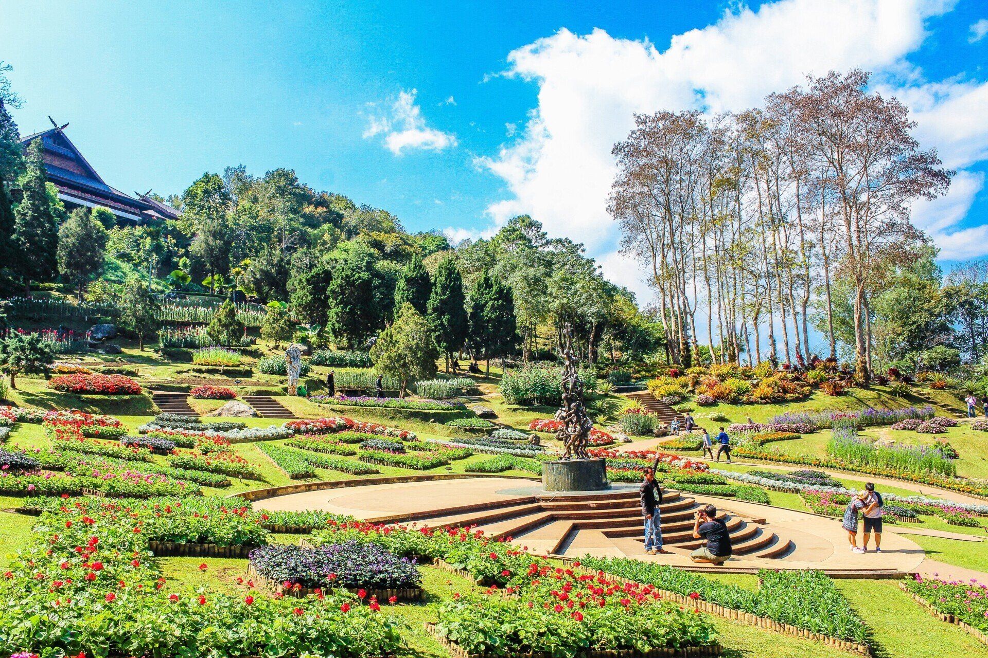 large outdoor garden with steps and flowers