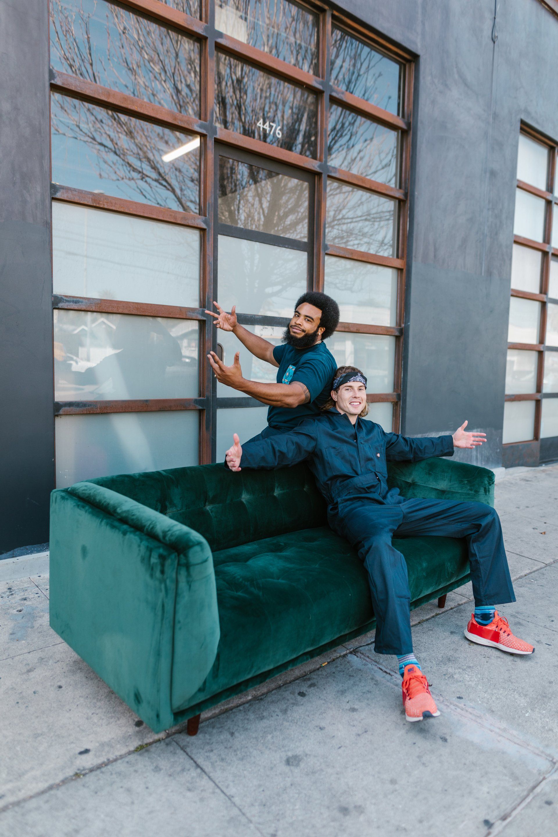 our team on a green couch
