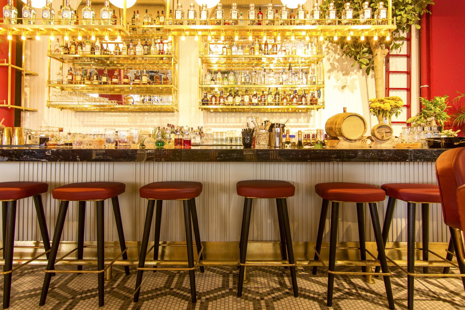 A bar with a row of red stools in front of it.