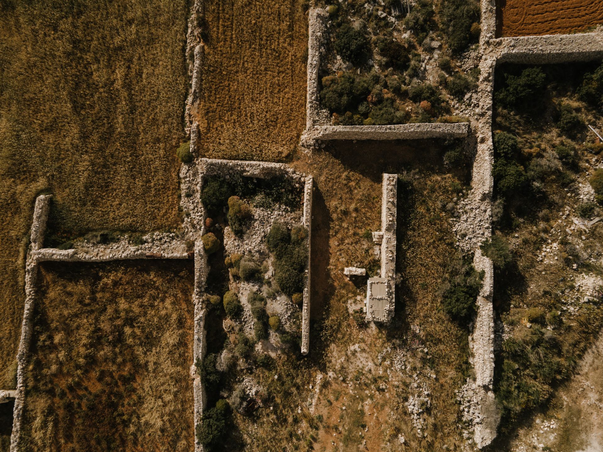 An aerial view of a stone wall surrounded by fields and trees.