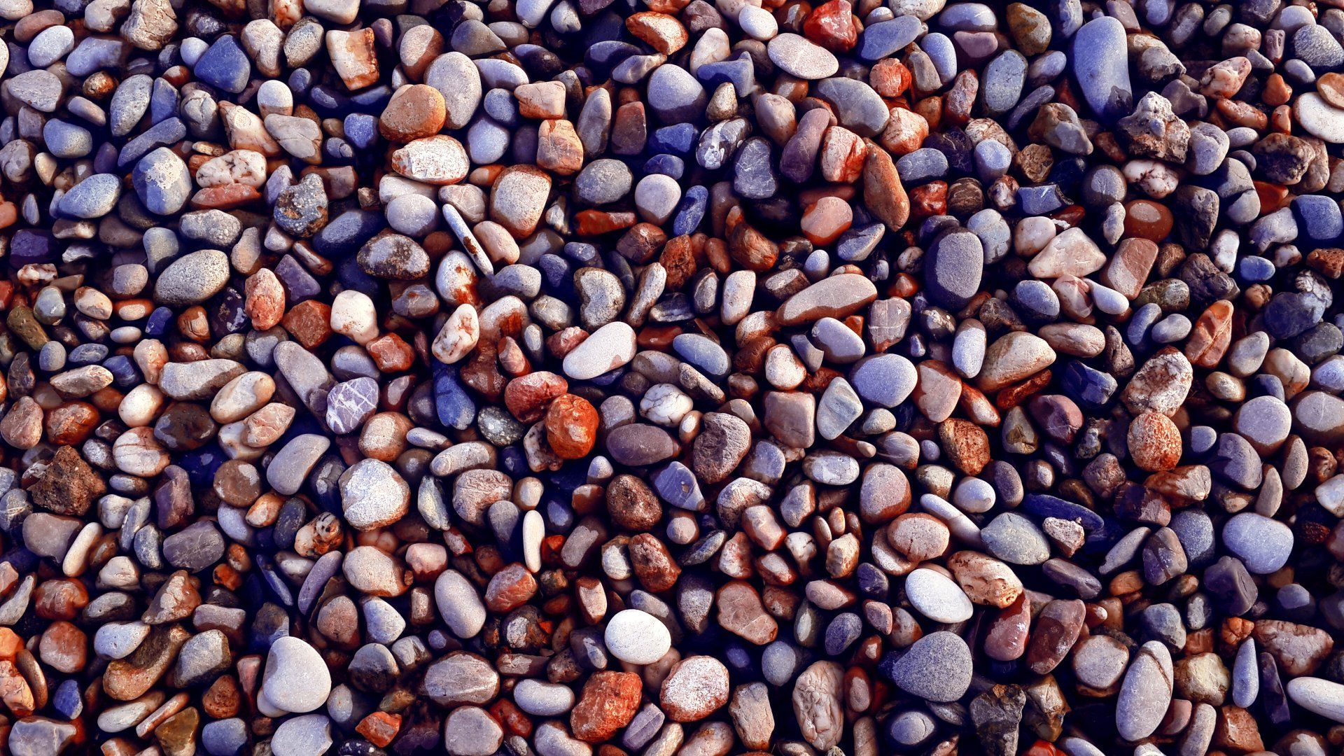Close-up of small multicolored pebbles filling the frame, mostly gray, brown, and blue stones.