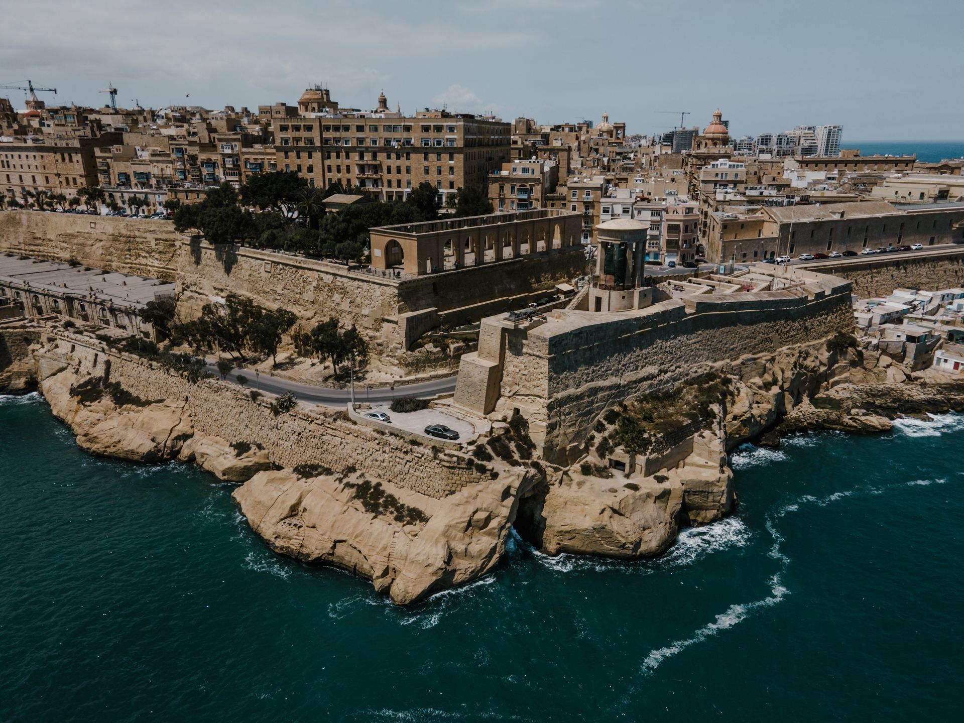Aerial view of Upper Barrakka, a park and garden in Valletta, Malta.