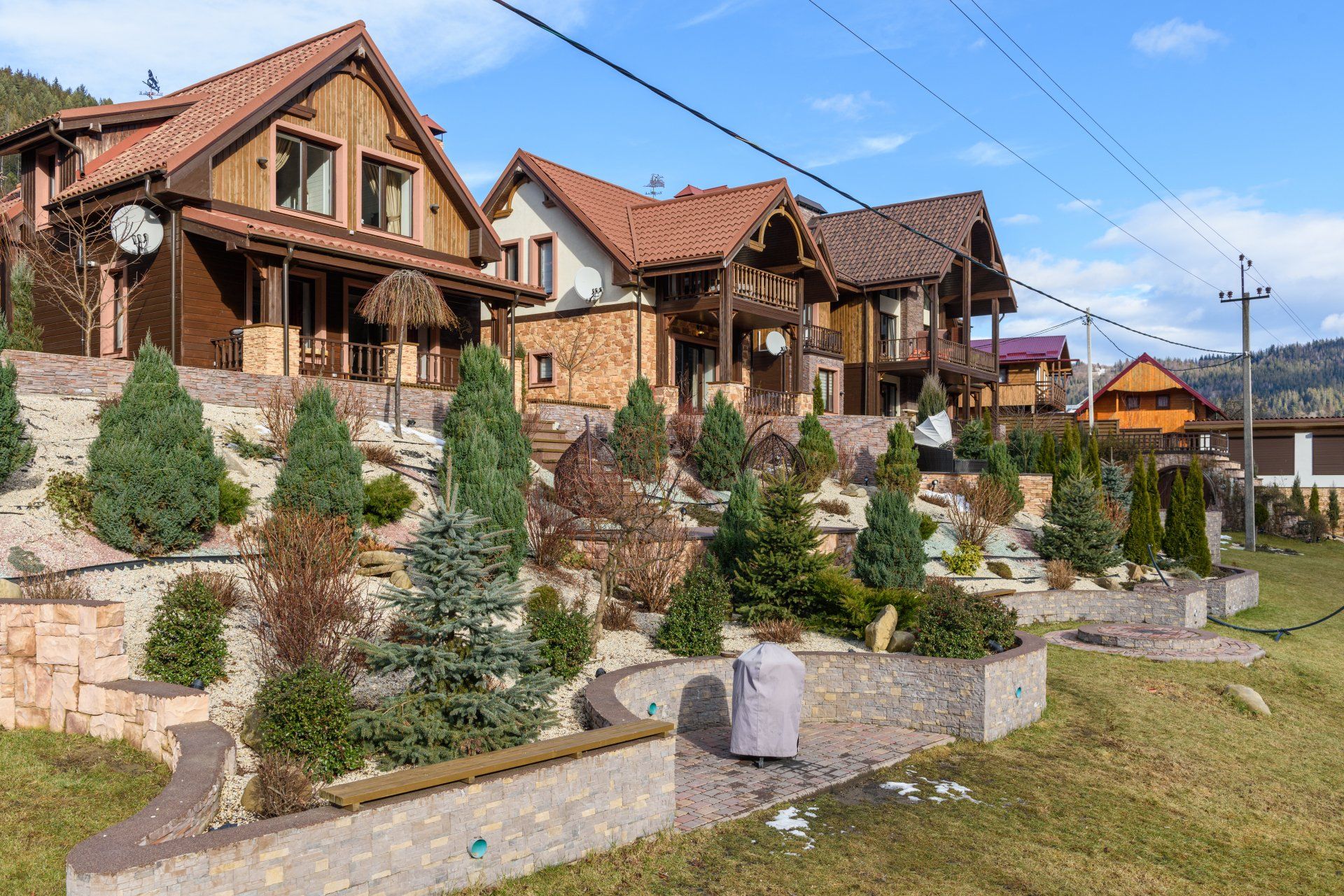 bushes and trees in front of homes