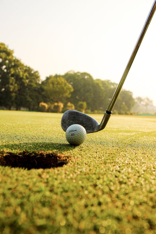 Golf club poised to hit a golf ball near a hole on a green, with trees and sunlight in the background.