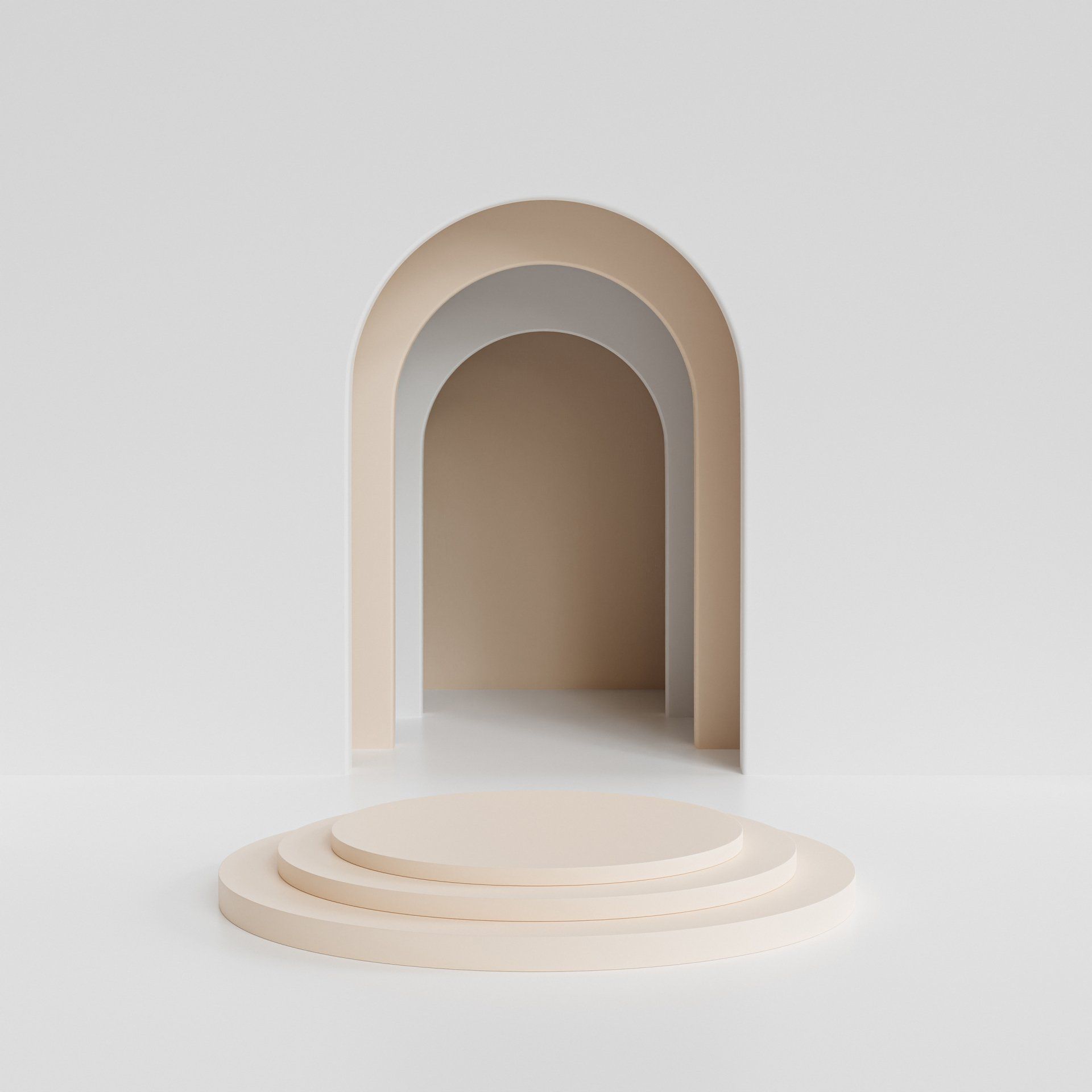 Uma renderização 3D de um pódio com degraus e um arco em uma sala branca.