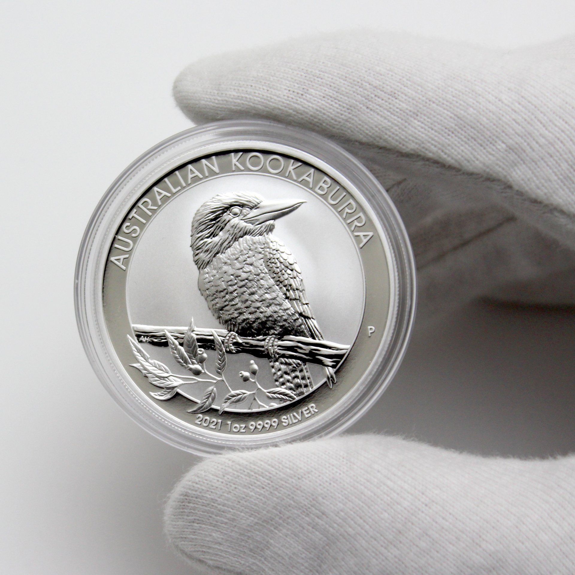 Silver coin featuring a kookaburra perched on a branch, held by gloved hands.