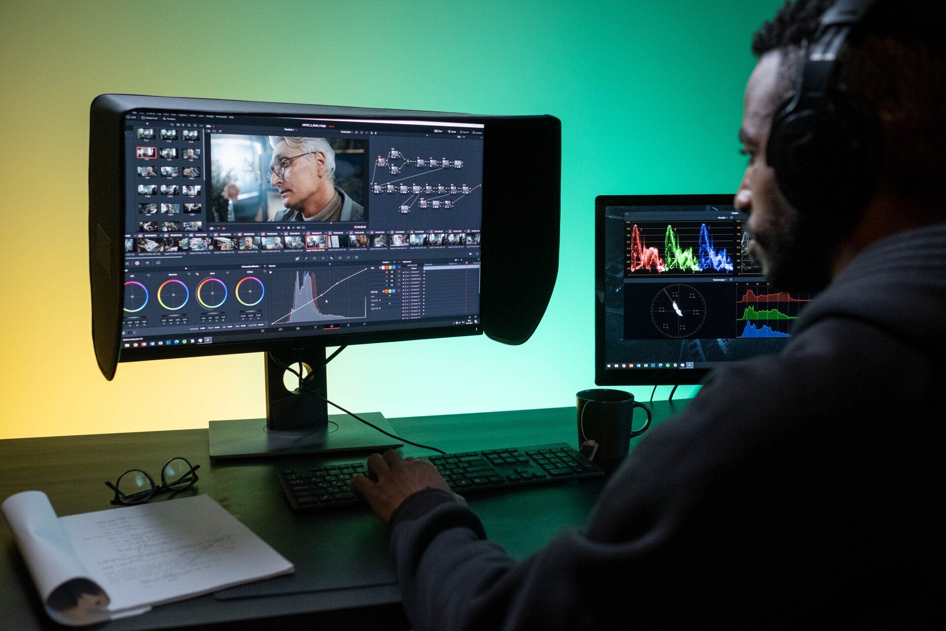 A man wearing headphones is sitting in front of a computer monitor.