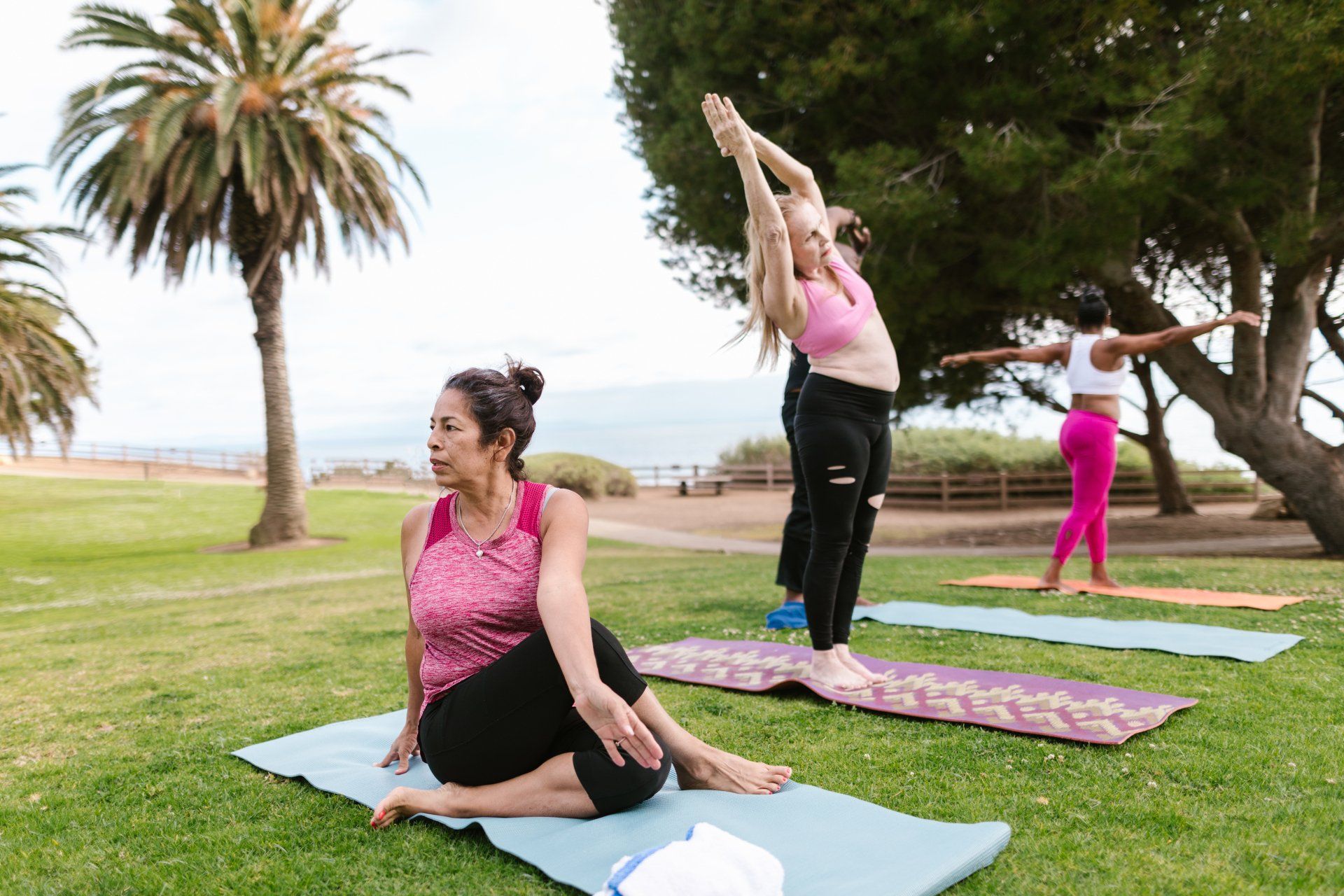A group of women are practicing yoga in a park.