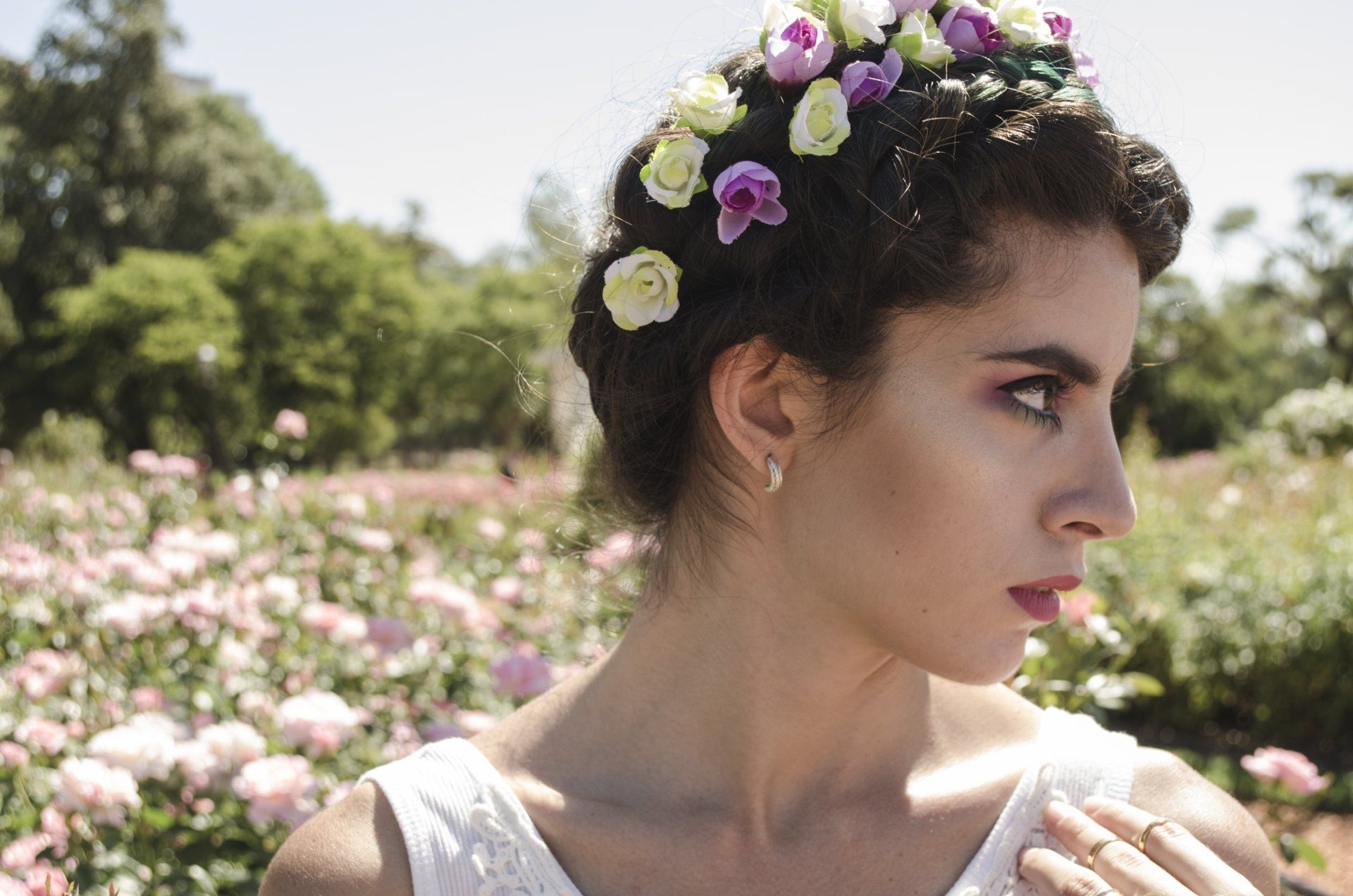 braided crown, hair with florals, braided hairstyles
