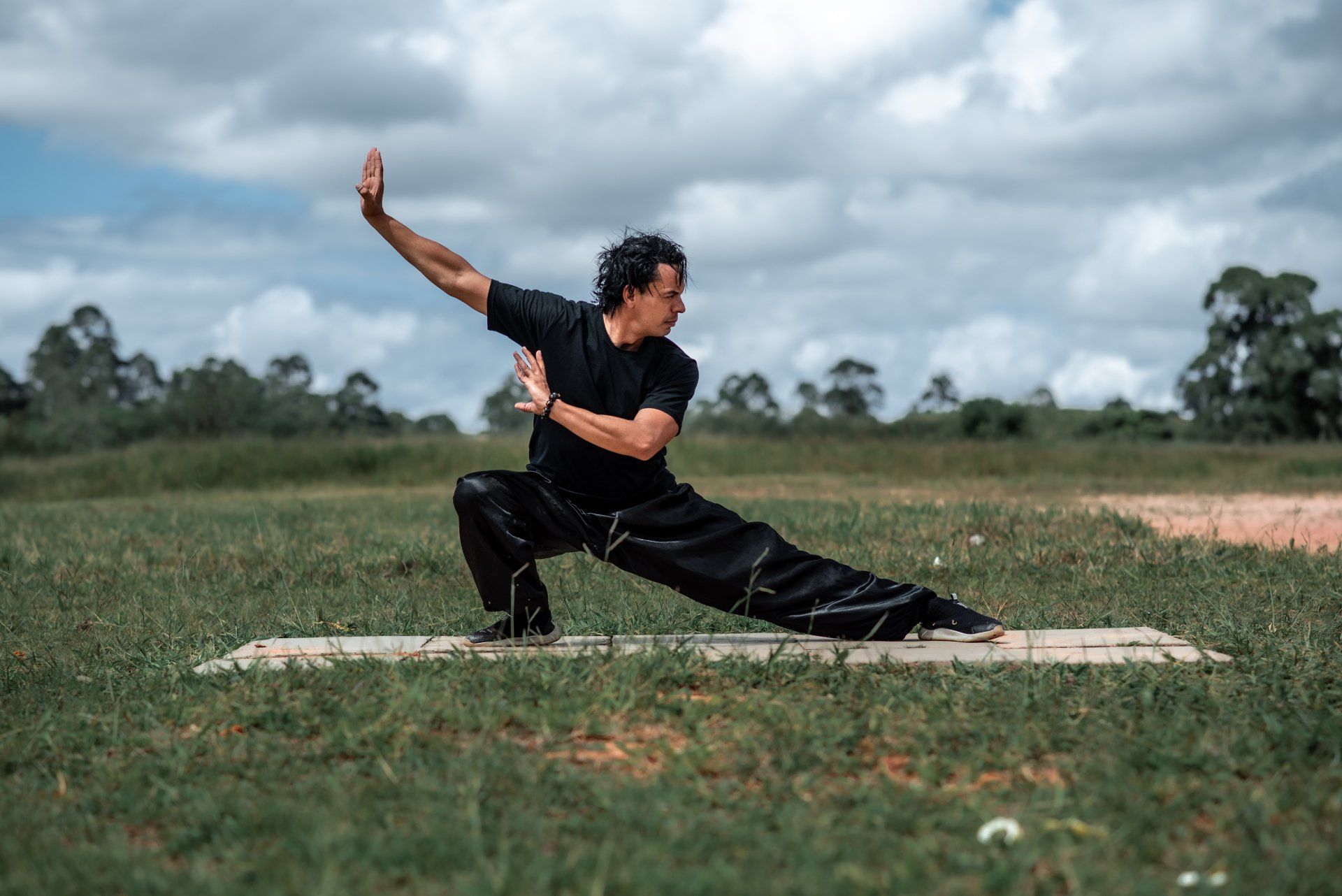 Man in black martial arts attire performs a stance on a mat in a field.