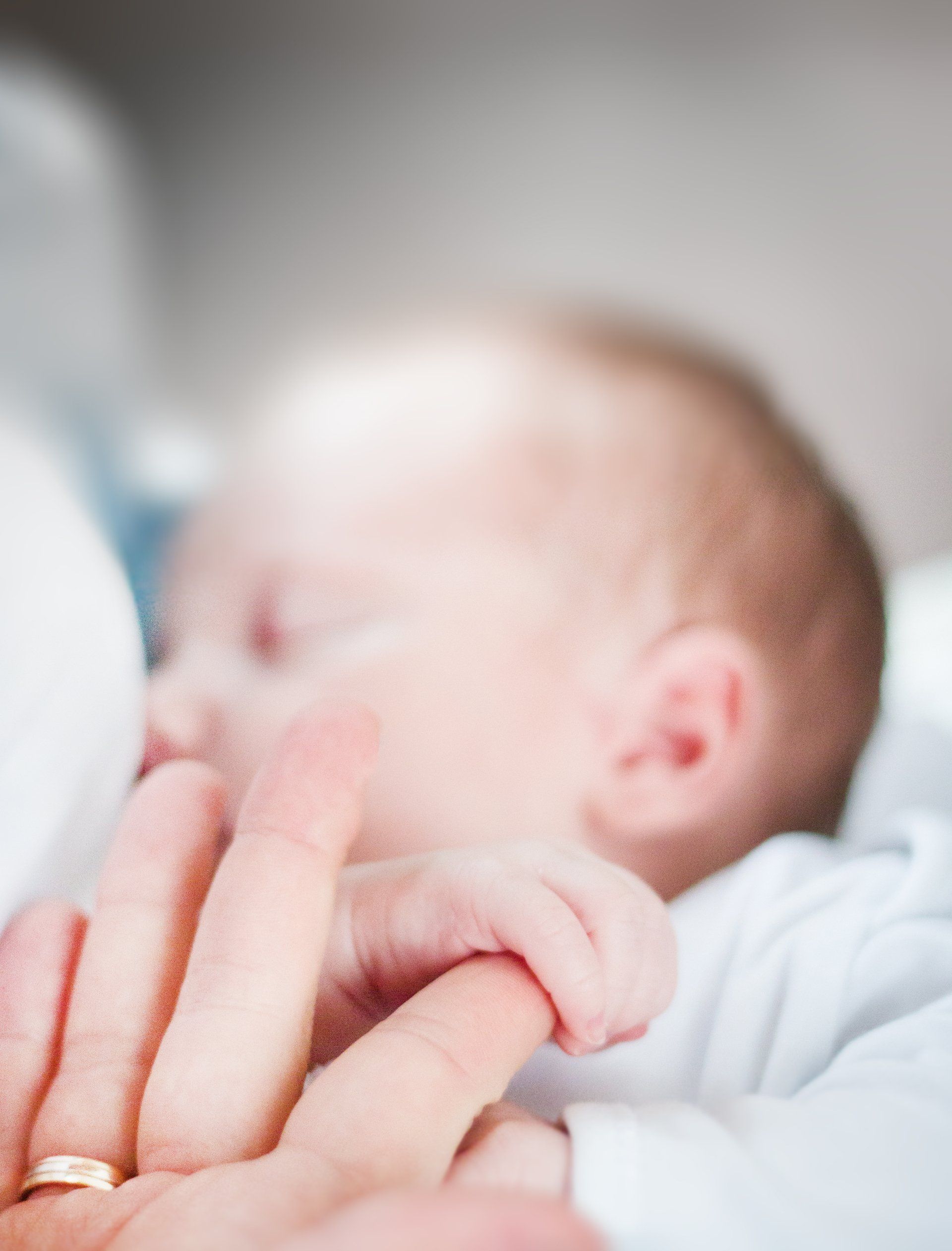 Close-up of a sleeping baby resting against an adult’s hand, with a soft white background
