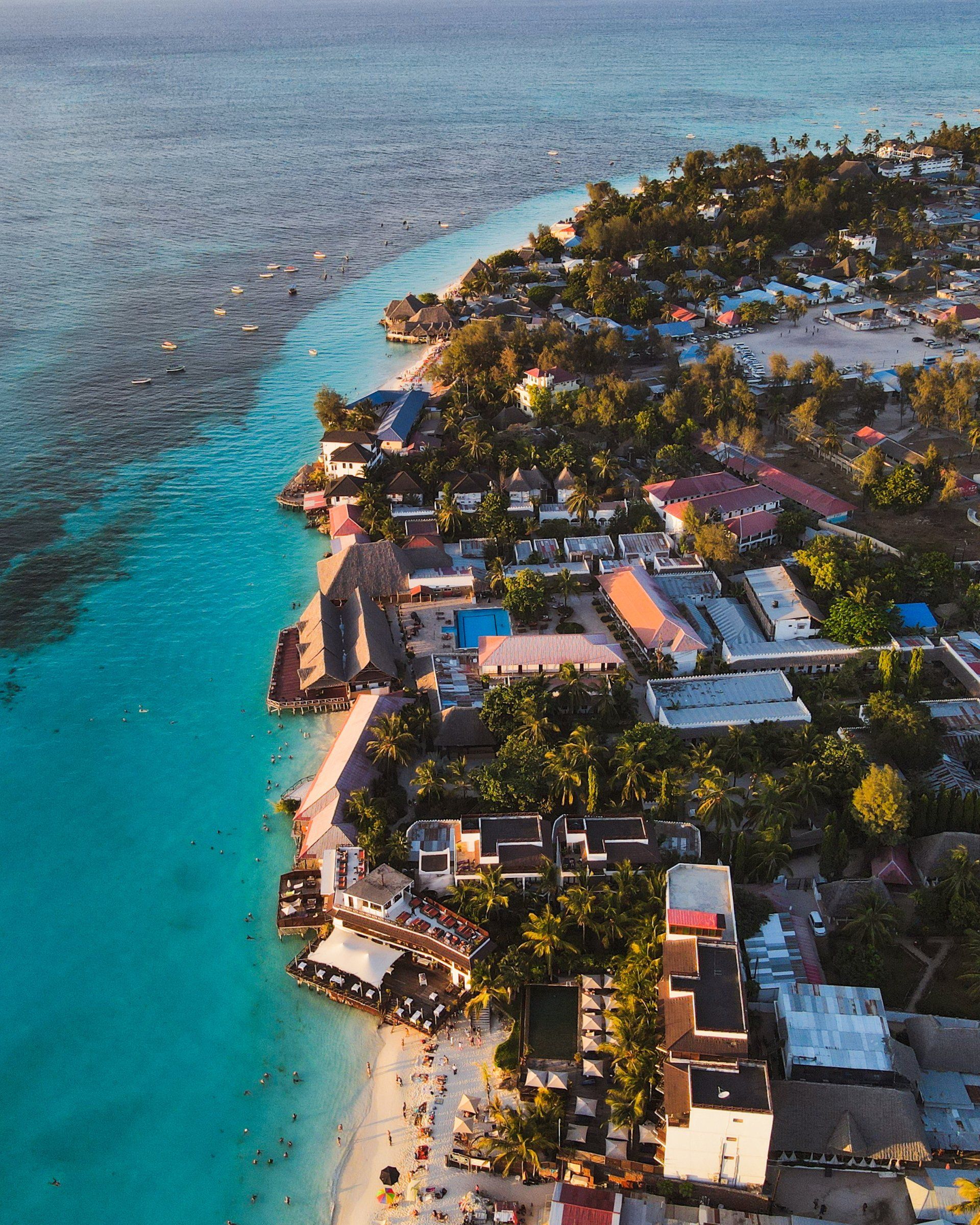 Aerial view of a beachside in Zanzibar.