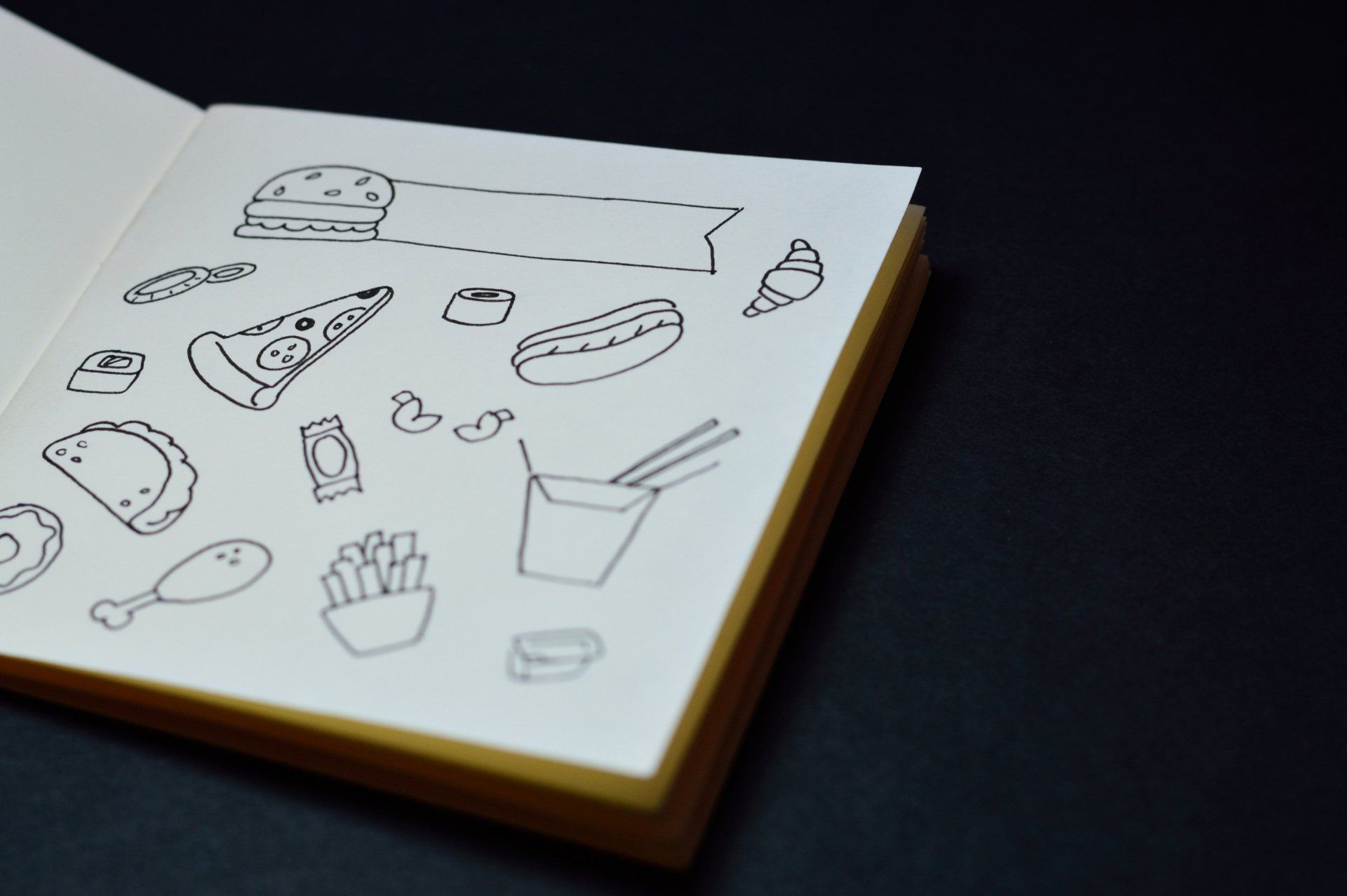 A book is open to a page with food drawings on it