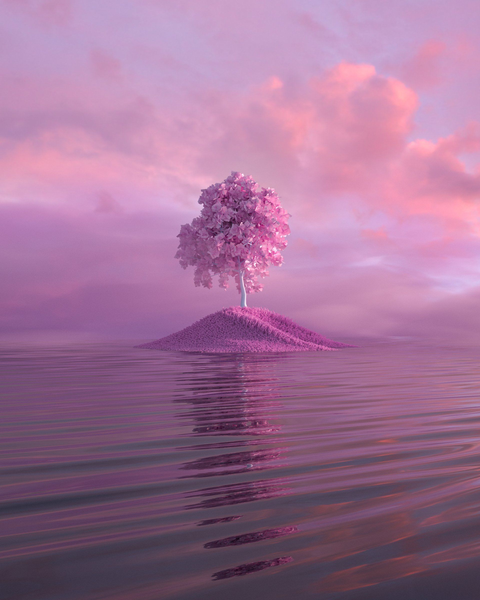 a purple and pink tree with clouds and water