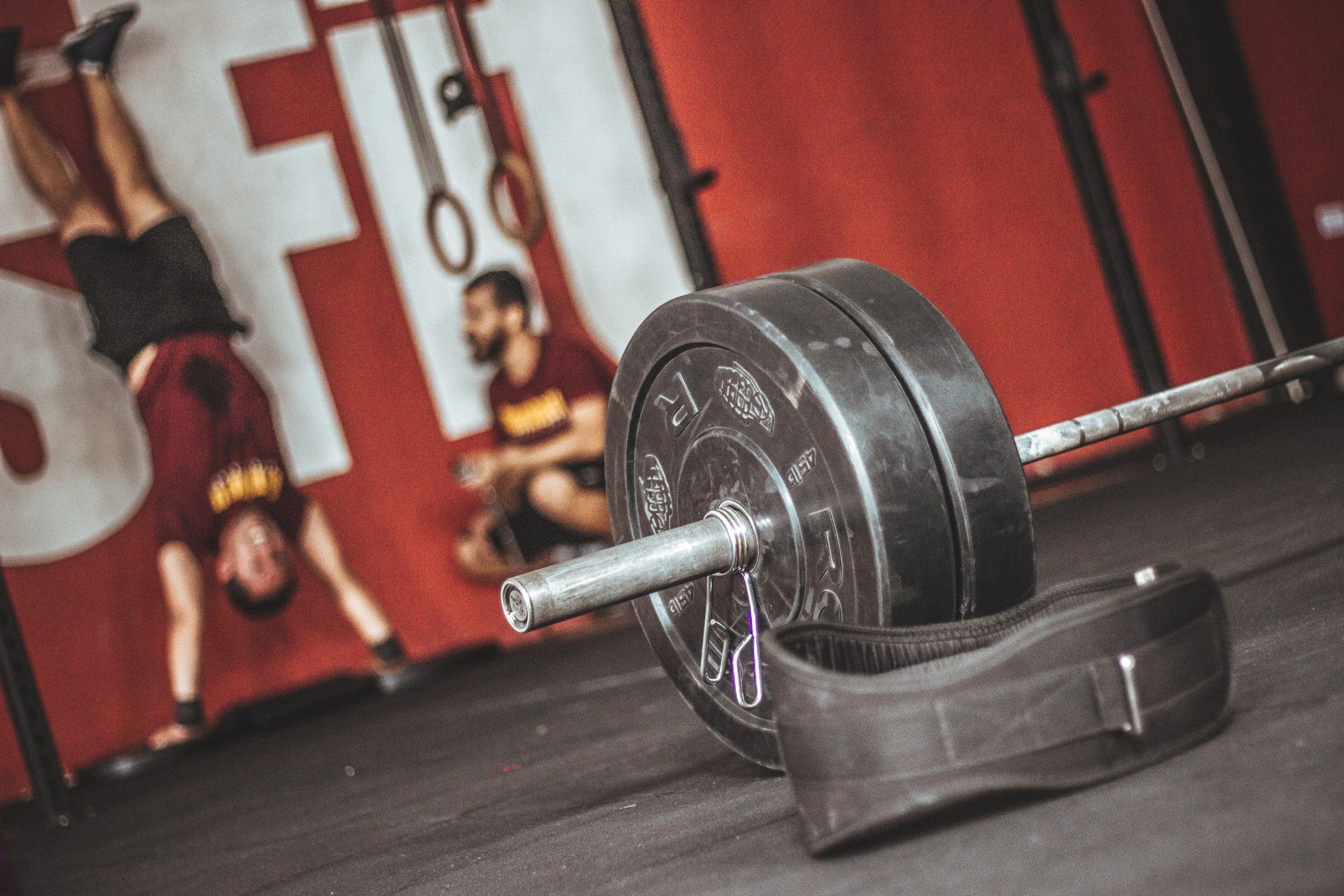 Barbell with weights and weightlifting belt, person doing handstand in gym.