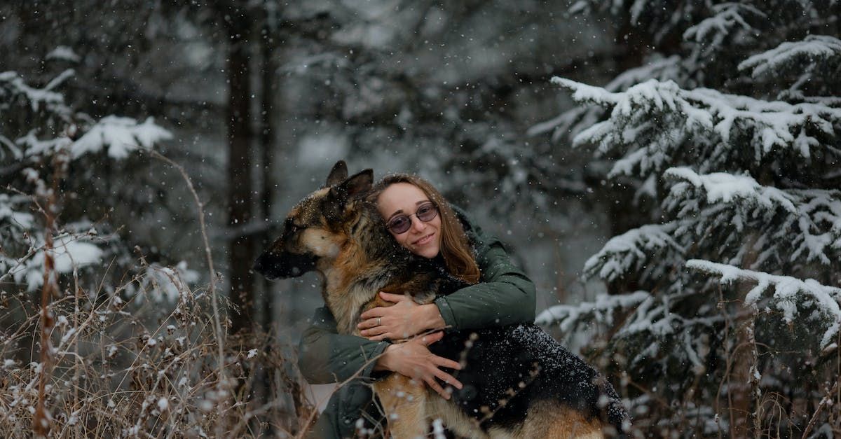 A woman is hugging a german shepherd in the snow.