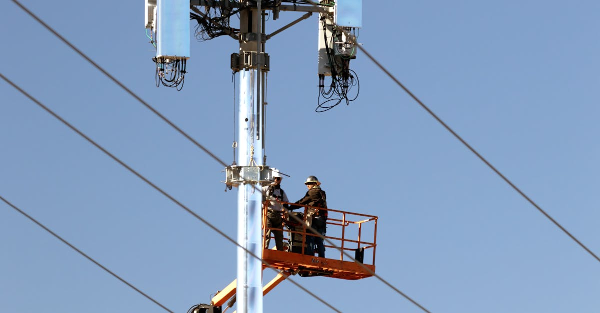 Two men are working on a telephone pole with a blue sky in the background.