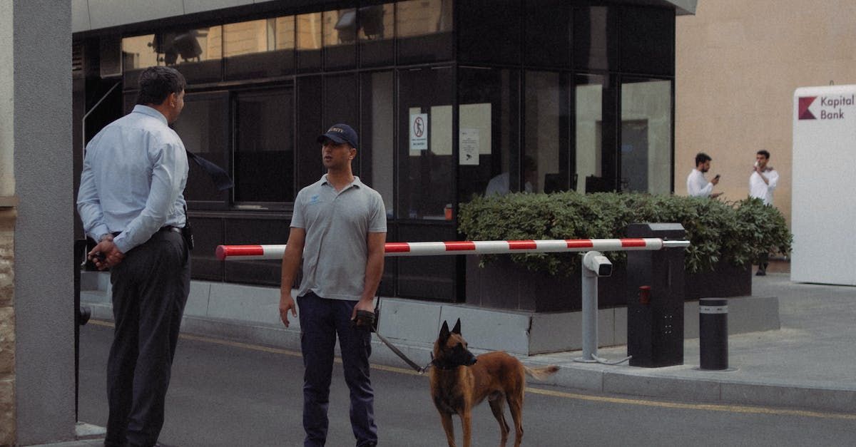 Two men and a dog are standing in front of a building