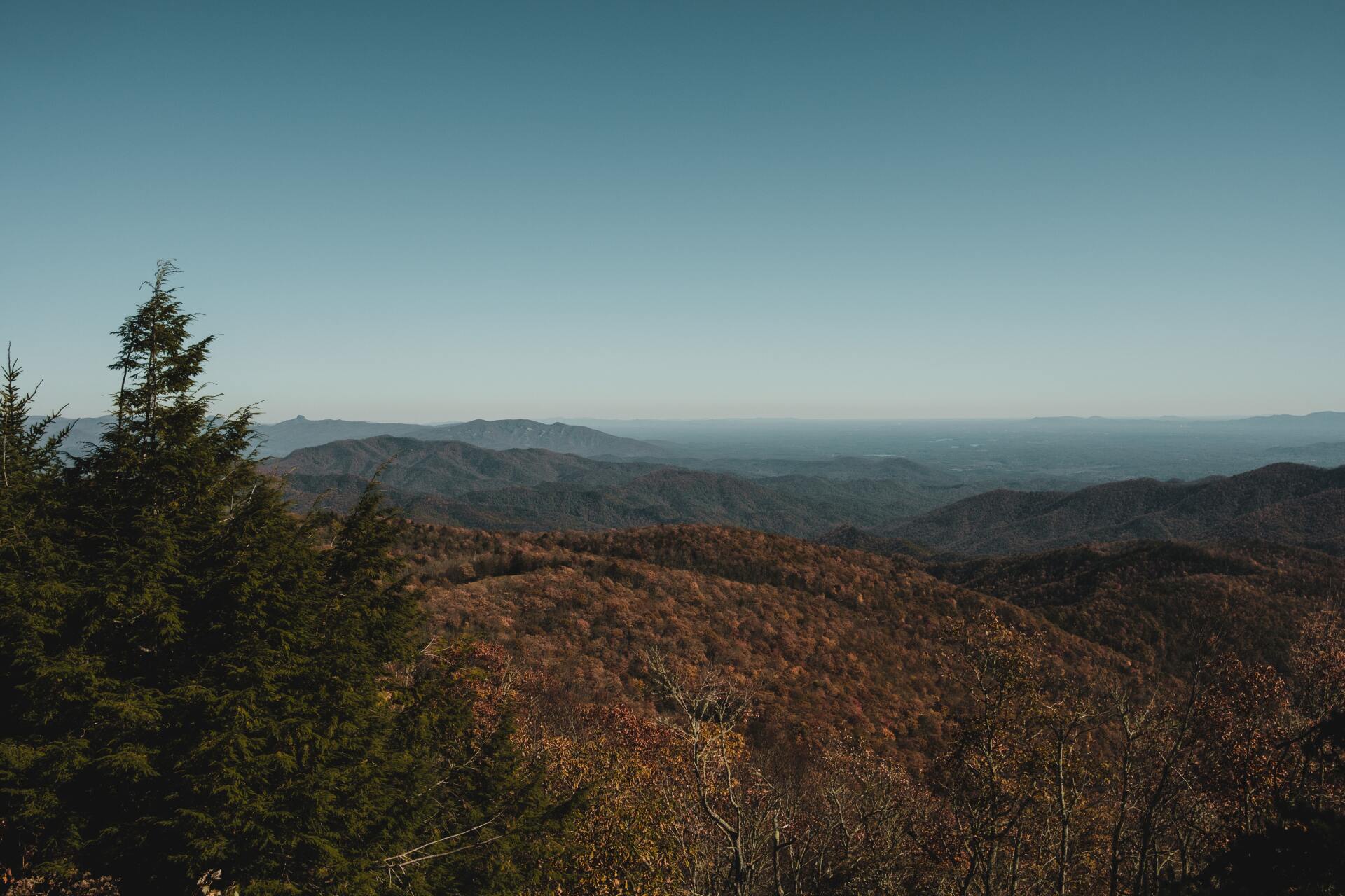 A view of a mountain range with trees in the foreground and a blue sky in the background.