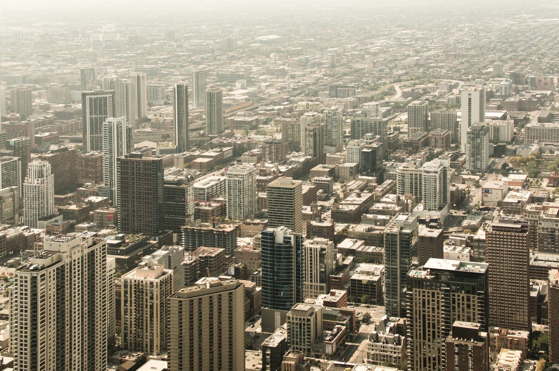 Aerial view of a Michigan downtown cityscape with high-rise buildings