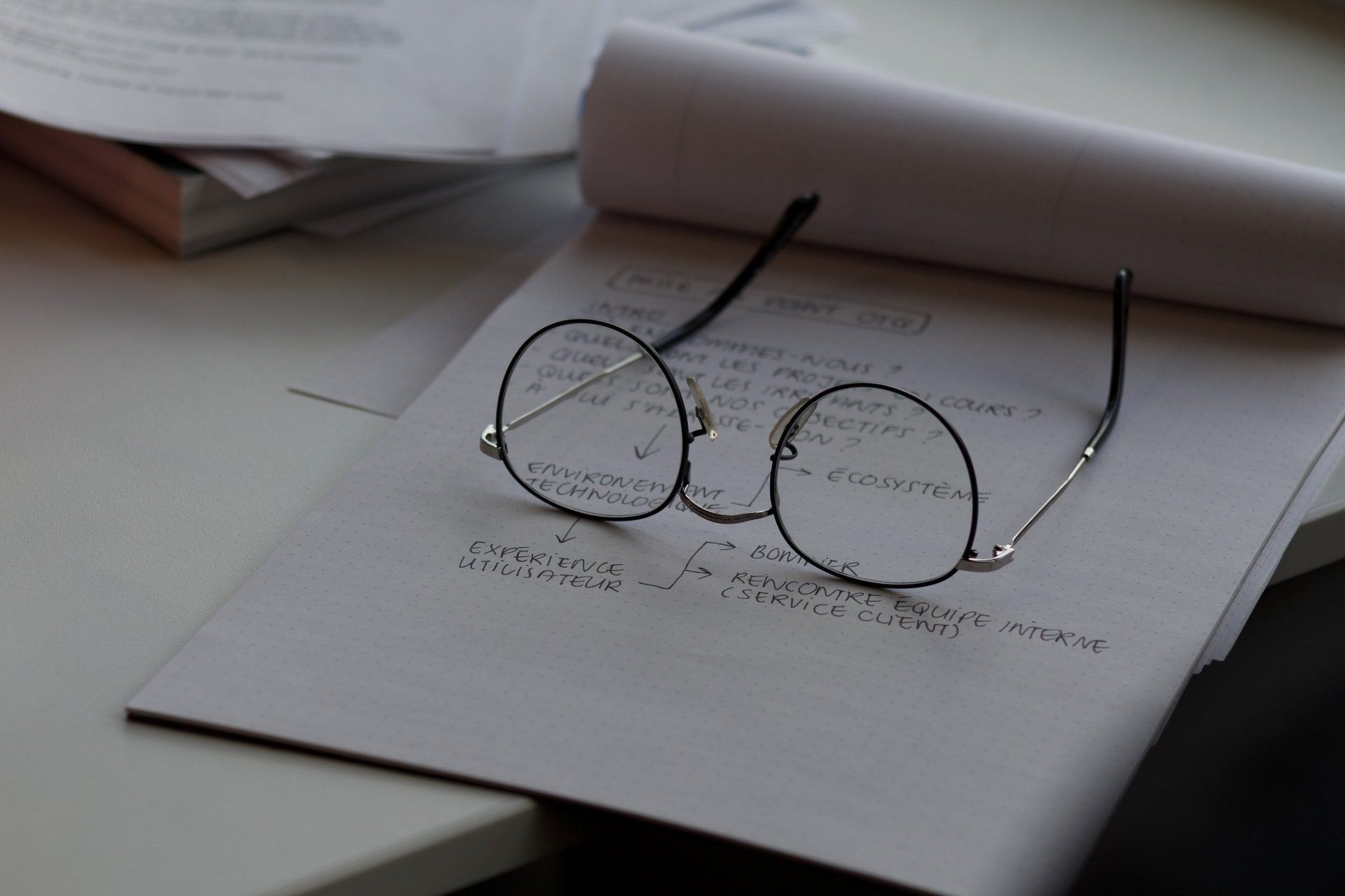 Unas gafas redondas descansan sobre un cuaderno blanco junto a un libro abierto sobre un escritorio.
