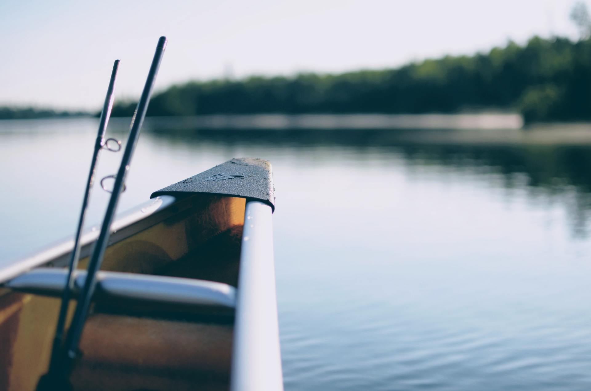 Two fishing rods are sitting on the side of a boat in the water.