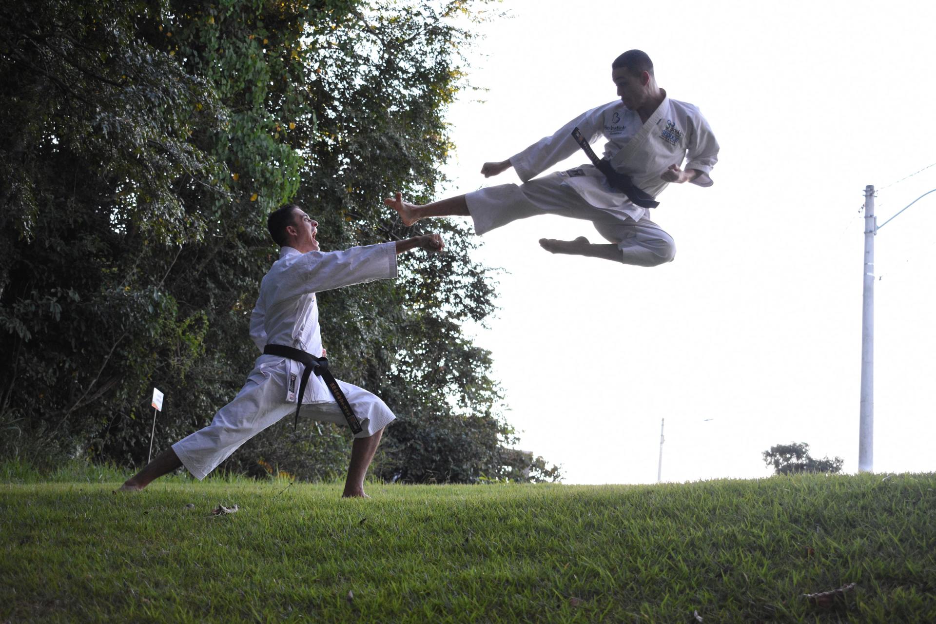 Two men are practicing karate on a grassy hill.