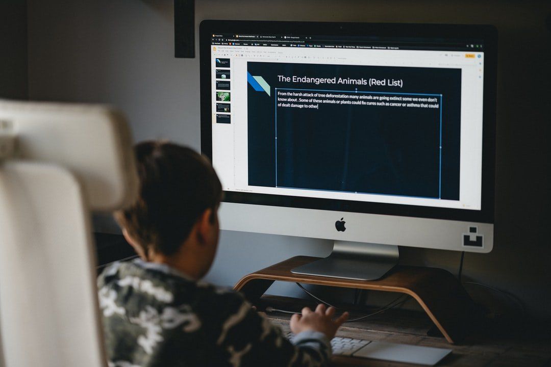 A boy is sitting in front of an apple computer