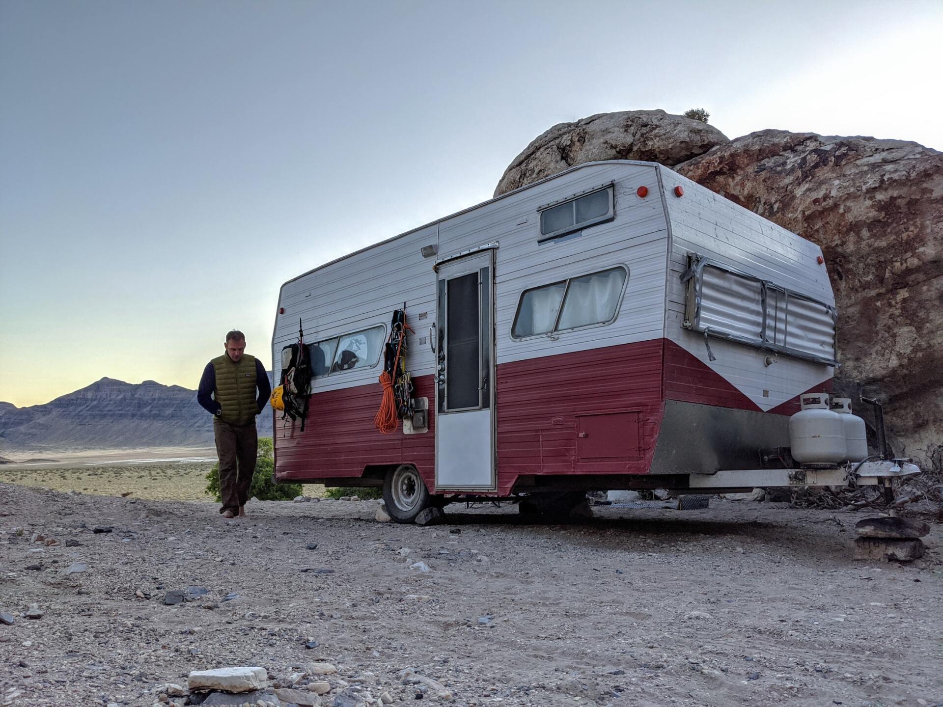 Vintage red & white RV trailer