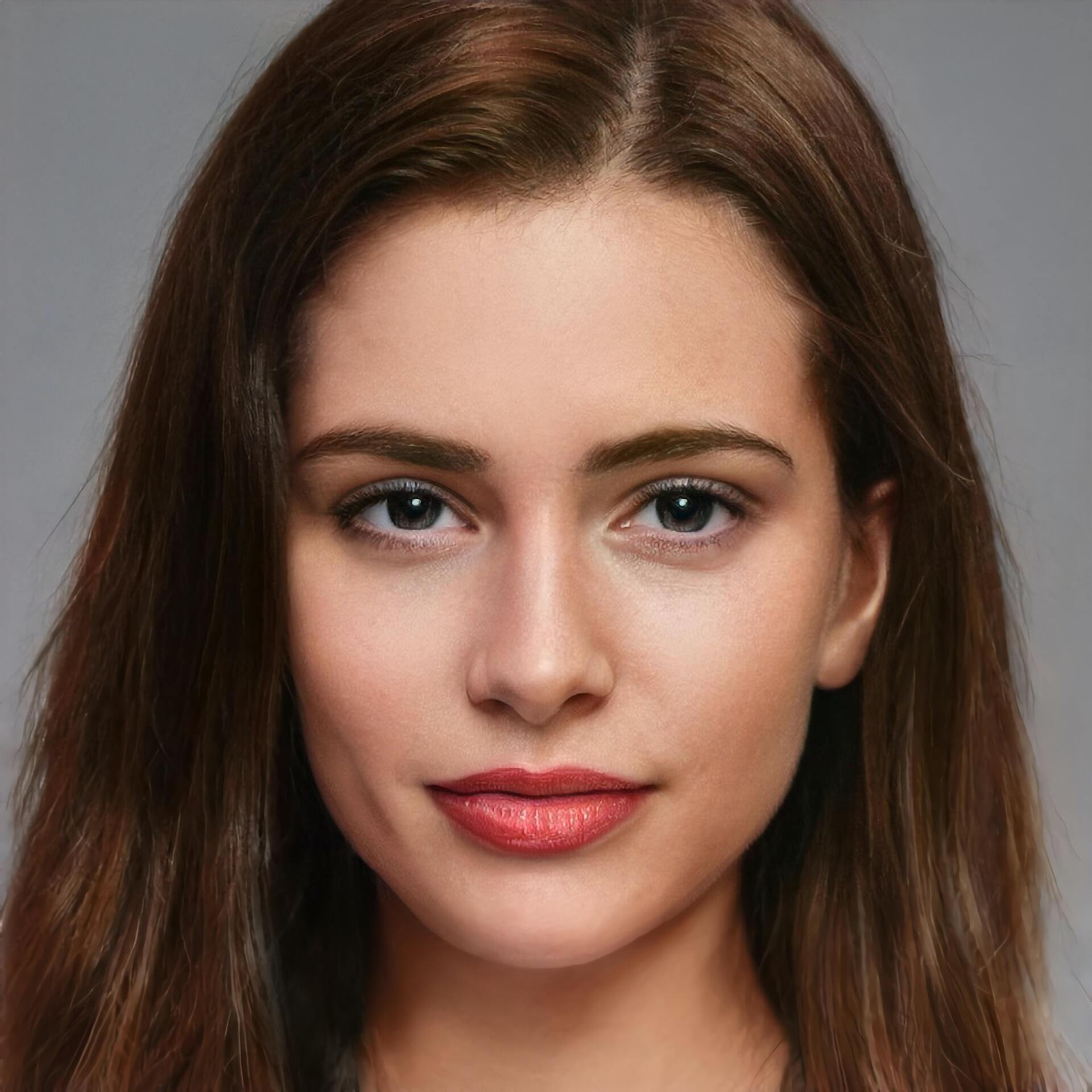 A close up of a woman 's face with long brown hair and red lipstick.