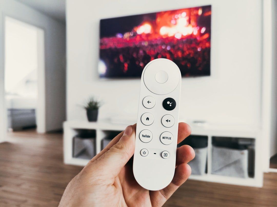 A person is holding a remote control in front of a television.
