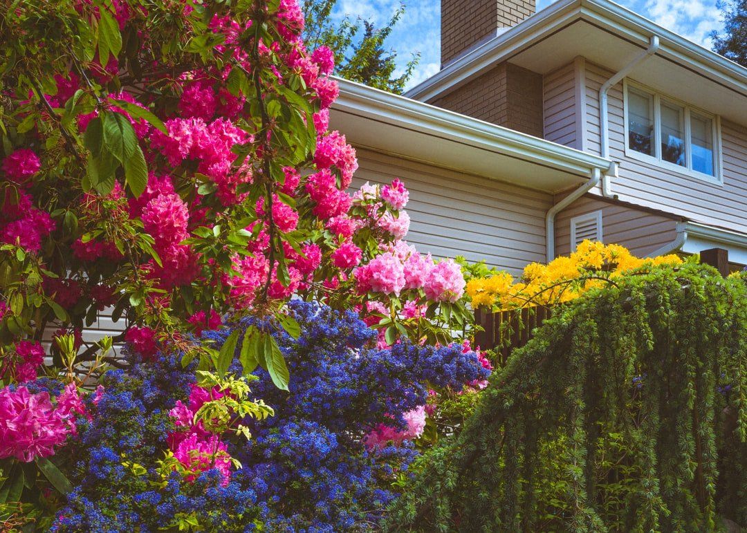 Beautiful Landscaping of flower wall with house behind it