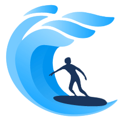Surfer riding a blue wave.